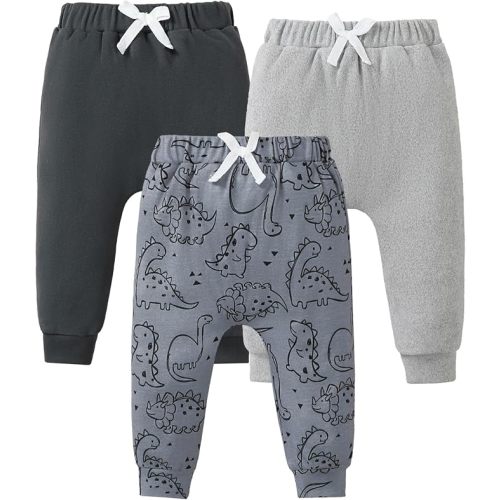 Jecson Baby Boy Pants 3-Pack Soft Toddler Joggers with Elastic Waist 3M-3T | 3-Pack baby boy pants made with soft, stretchy DeRong fabric, breathable elastic waist, solid and printed joggers for play