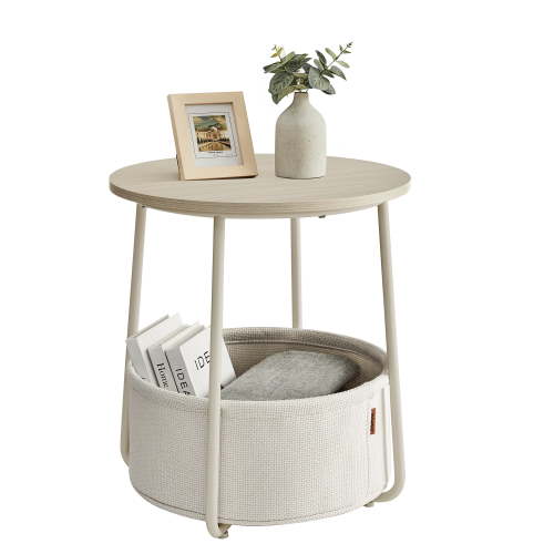 VASAGLE Modern Round Nightstand with Cream White Finish, Fabric Storage Basket, Sturdy Metal Top