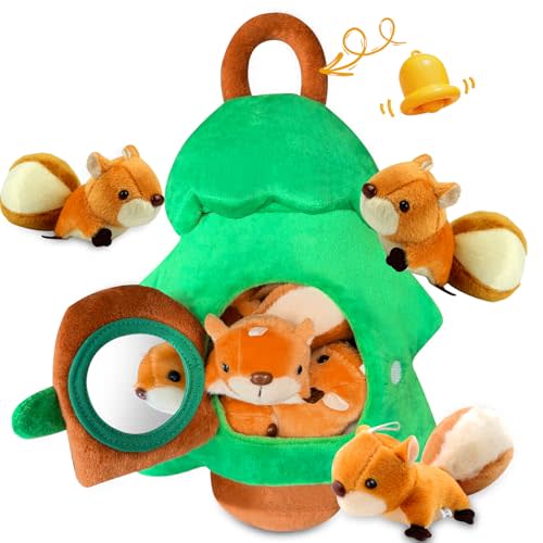 Squirrel Tree Montessori Plush Hide & Seek Sensory Baby Toy | Infant Developmental Stuffed Animal Playset,safe soft fabric for 6-12months toddlers, portable travel educational toy