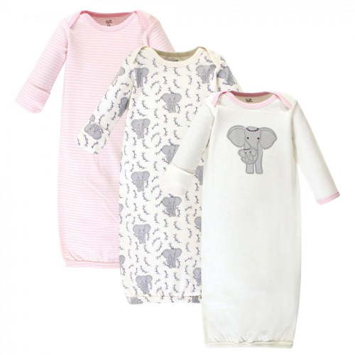 Touched by Nature Baby Girl Organic Cotton Long-Sleeve Gowns 3pk, Girl Elephant, Preemie
