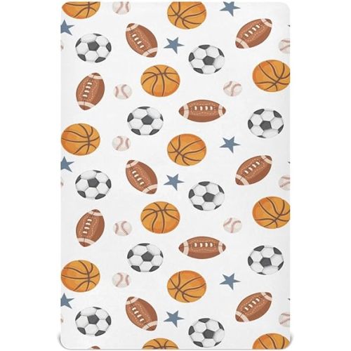 Vintage Sports Theme Crib Sheets for Boys Girl Football Basketball Baseball Fitted Mattress Cover Cute Stars Pattern Toddler Baby Bed Sheets Standard Unisex Crib Sheet 28x52 Inch