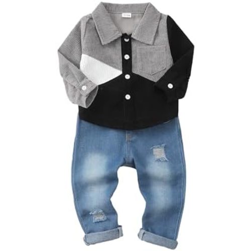 NZRVAWS Toddler Baby Boy Clothes Infant Plaid Pocket Shirt Denim Ripped Jean Pants Outfits Set 6-24 Months 2-5T