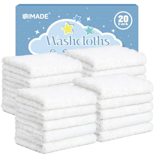UNIMADE Baby Washcloths, 20 Pack Microfiber Coral Fleece Wash Cloths, Extra Absorbent Baby Towels for Newborns, Infants and Toddlers, Gentle on Sensitive Skin for Face and Body - 7" × 9", White