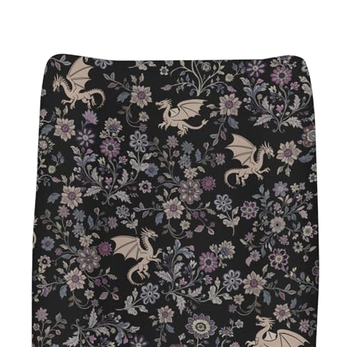 Fantasy Floral Dragons Changing Pad Covers for Baby Girls Boys Fairytale Dragon Gothic Black Purple Flowers Fitted Changing Table Cover Mats Myth Animal Soft Diaper Changing Table Sheets 32''×16''