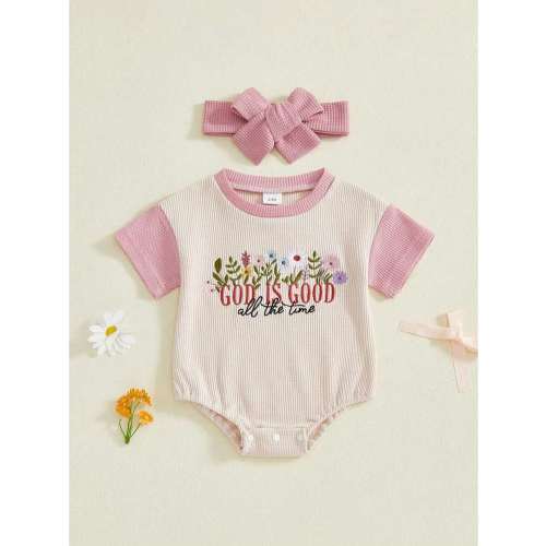 Baby Girl Christian Clothes God Is Good Embroidery Bubble Romper Waffle Short Sleeve T-Shirt Bodysuit Summer Outfits | SHEIN USA