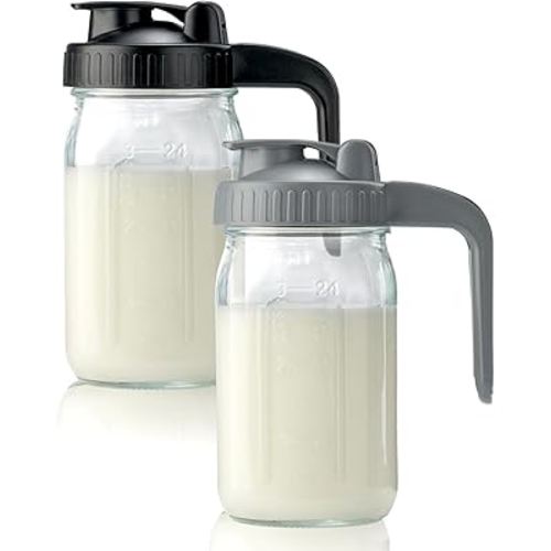 2 Pack 32oz Glass Pitcher with Lid & V-shaped Pour Spout - 1 Quart Breastmilk Pitcher Double Leak Proof, Creamer Container for Sun Tea, Juice, Cold Brew Coffee, Breastmilk Storage Container