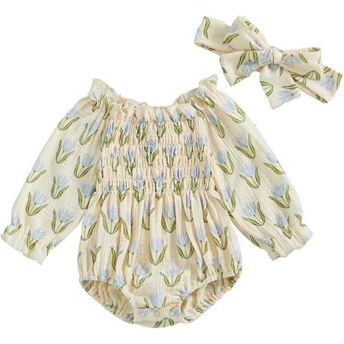 Infant Baby Girl Linen Romper Smocked Bubble Bodysuit Frill Trim Ruffle One-Piece Jumpsuit Casual Cute Summer Clothes