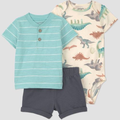 Carter's Just One You® Baby Boys' 3pc Multi Dinosaur T-Shirt with Bodysuit and Shorts Set - Blue/Ivory/Dark Gray Newborn
