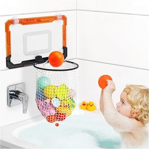 Baby Bath Toy Storage Organizer, Large Opening Mesh Bathtub Toy Storage for Tub, Bath Toy Holder for Quick Release of Toys for Bathroom, Basketball Hoop Design with Fun Bonus