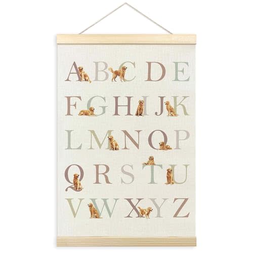 TLESKE Golden Retriever Alphabet ABC Chart Poster Hanger Frame, Homeschool Preschool Hanging Wall Art Decor for Golden Retriever Lover Kid Room Nursery Playroom, Dog ABC Picture 16x24