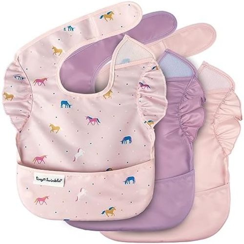 Tiny Twinkle Mess-Proof Baby Bibs for Eating | Waterproof, Wipeable Toddler Bibs with Catch-All Pocket | Feeding Bibs for Girls & Boys(3 Pack,Unicorn Set)