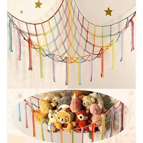 Stuffed Animal Hammock Corner Storage Net Cute Preppy Trendy Stuff Gifts for Teen Girls Baby Room Living Room House Wall Nursery Decor Rainbow Color Colorful Unicorn Hanging Organizers Organization