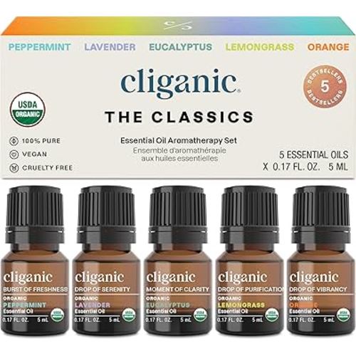 Cliganic Organic Essential Oils Set (Top 5 - The Classics) - 100% Pure Natural - Aromatherapy, Candle Making - Peppermint, Lavender, Eucalyptus, Lemongrass & Orange