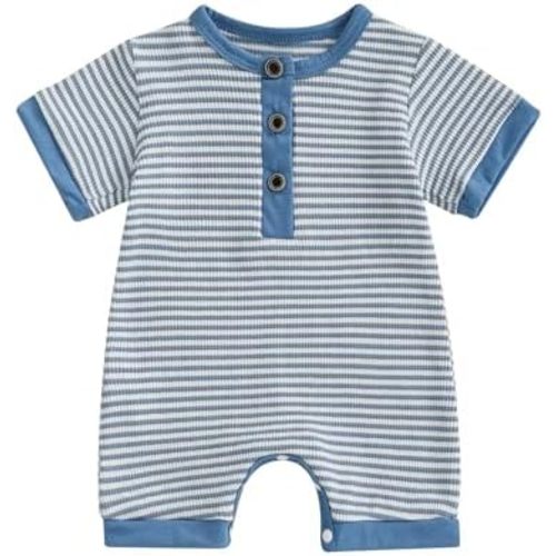 MAINESAKA Baby Boys Girls Romper Bodysuit Waffle Knit Short Sleeve Button Up Casual Striped One Piece Jumpsuit Shorts