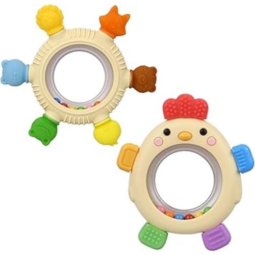 WALULAN Sensory Toys for Babies, 2 Pack Baby Teething Rings Toys for 0-3 3 6-12 Months Baby Rattle Teether Silicone Teether Relief Chew Soothing,BPA Free,Sore Gums Babys Teethers Toys