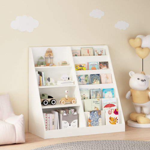 East Urban Home Kids Bookshelf and Toy Storage Organizer, Multifunctional 4 Tier Wooden Kids Book Shelf with Bookcase Display Stand in Kids Room Playroom Nursery for Kids, Children, Toddlers | Wayfair