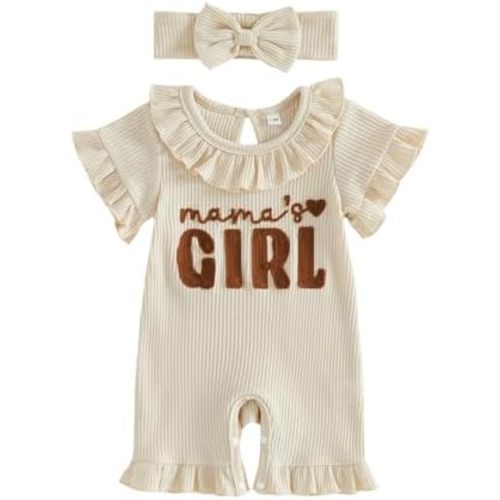 Sejardin Baby Girl Romper Letter Embroidery Newborn Infant Summer Clothes Short Sleeve Ruffle Crew Neck Jumpsuit Headband