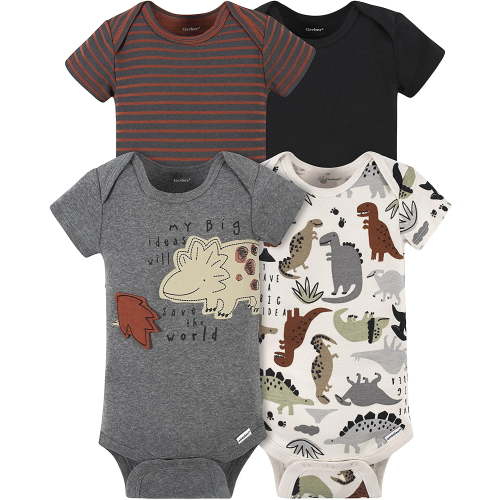 Gerber baby-boys 4-pack Short Sleeve Onesies Bodysuits 6-9 Months Dino Grey
