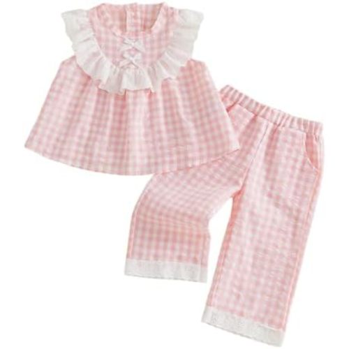 Thorn Tree Girls Summer Outfits Ruffle Sleeve Button Up Dress Tops Plaid Linen Pants Spring Toddler Girl Clothes