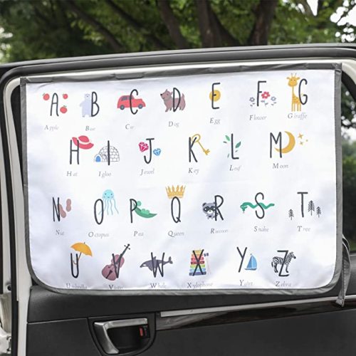 Magnetic Car Sun Shade Curtain for Side Window – Sun Blocker and UV Protector for Baby, Kids, and Pets – Universal Fit with Built-in Magnets for Steel-Framed Door (Be-Kids Alphabet)