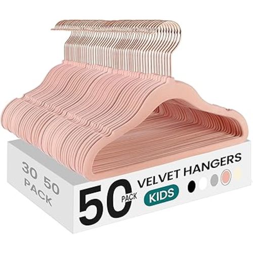 SONGMICS Baby Kids Hangers 50 Pack for Closet, 11.8 x 8.1 Inches, Rose Gold 360° Swivel Hooks, Space-Saving Clothes Velvet Hangers for Nursery, Non-Slip, Jelly Pink UCRF027P01
