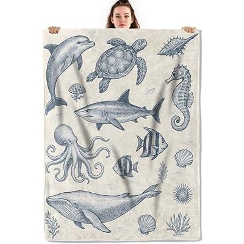 Vintage Ocean Animals Throw Blanket, Lightweight Warm Nautical Flannel Blanket with Dolphin Turtle Whale Octopus, Home Decor and Gifts, Soft Cozy Blankets for Women Kids, 60"x80" for Bed Couch Travel