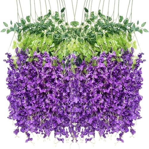 Artificial Wisteria Hanging Flowers-Fake Wisteria Flower Garland Silk Vines Rattan Decor for Home Wedding Arch Wall Garden Greenery Bedroom Outdoor Office Party Decoration (24, Purple)