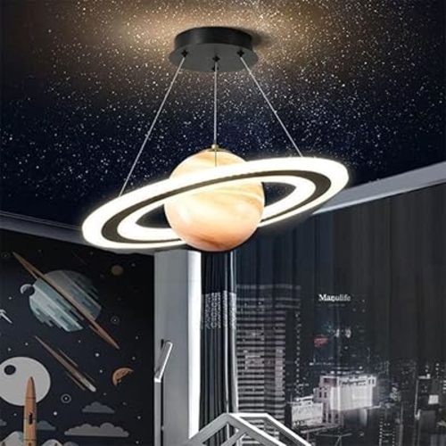 Kid's Planet Glass Pendant Light - Creative LED Dimmable Chandelier for Boy and Girl's Room, Space Bedroom Ceiling Hanging Lamp for Children's Study