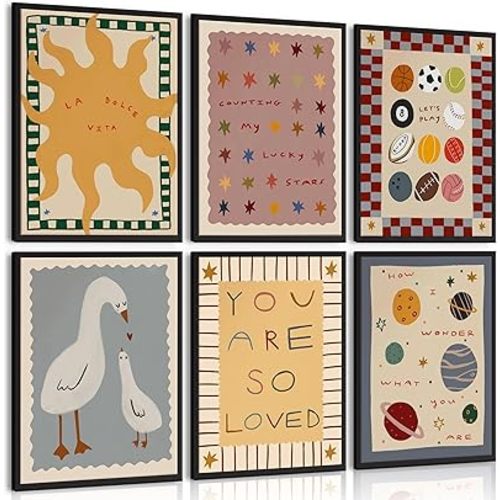 MJVCFWNS 6Pcs Cute Nursery Wall Art Boho Kids Room Inspirational Quotes Painting Picture Wall Decor Sun Star Ball Goose Poster Printing Artwork for Boys Girls Toddler Room Playroom Home Decor