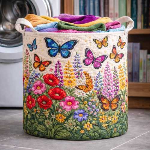 Butterfly Floral Laundry Basket, Wildflower Garden Hamper, Cottagecore Organizer (2D Printed)