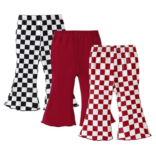 SOBOWO Checkered Baby Girl Flare Pants 3 Pack Toddler Bell Bottoms Plaid Ruffle Leggings Pants Fall Winter Outfits Size 6M-4T