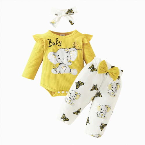 Xyant Newborn Baby Girl Fall Winter Outfits Cute Ruffle Long Sleeve Ribbed Romper Top Bow Pants with Headband Clothes for Baby Girl (Yellow,3-6 Months)