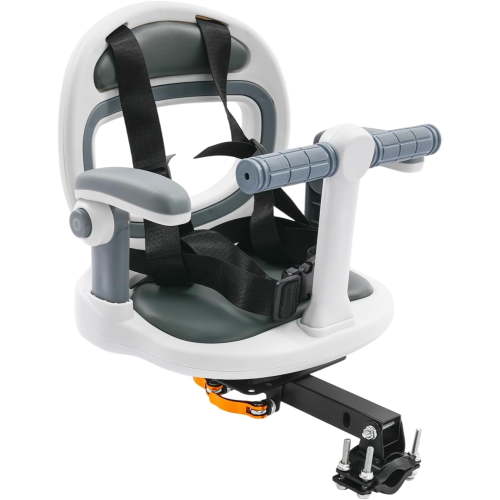 Front Mount Bike Seat 360° Rotatable Bicycle Seat for 9M-8Y 88lbs Capacity with Safety Belt & Foldable Footrest Easy Install on Most Mountain Bikes Light White