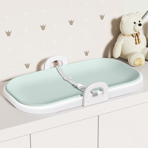 Baby Changing Pad, Soft EVA Wipeable Diaper Changing Pad with Adjustable Crib Clips, Non-Slip Changing Table Pad with Safety Strap & Side Handles, Fits Cribs, Dressers & Changing Tables, Beige
