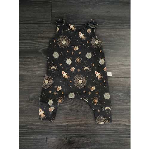 Organic Baby Harem Romper: Black Space Astronaut, Unisex Boho Outfit
