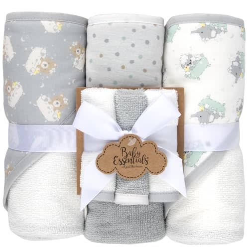 Baby Bath Essential Hooded Baby Bath Towel and Washcloth 6 Piece Set for Newborns, Infants & Toddlers, Boys & Girls Baby Hooded Towels Set (Teddy Bear Print)