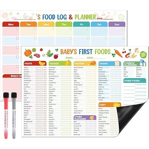 2 Pack Baby First Foods Checklist, 14x10"Baby Food Chart with 2 Dry Erase Markers, Magnetic Baby's First Food Tracker & Daily Food Log Meal Planner, 101 Foods Before 1 Checklist Magnet for Fridge