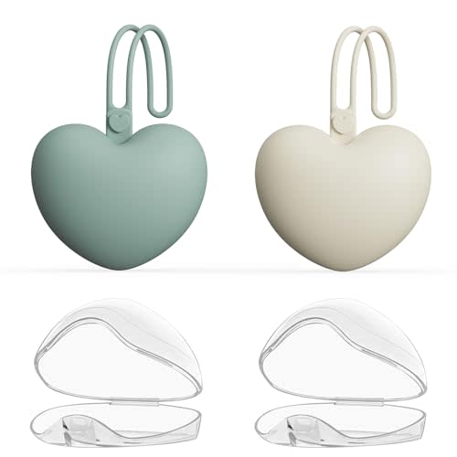 4pcs Pacifier Holder Case Set, 2pcs Silicone Portable Pacifier Pouch and 2pcs Transparent Pacifier Storage Container, Cute Heart Shape Pacifier Storage Case for Newborn Baby(Green+Khaki)