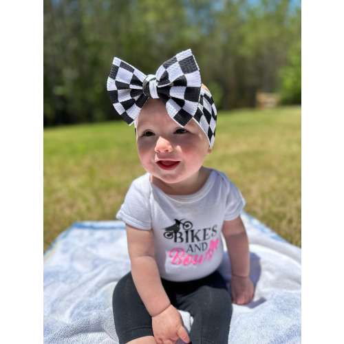 Headwrap for Baby Bow for Toddler Headband for Race Day Checkered Bow for Baby Black and White Headband