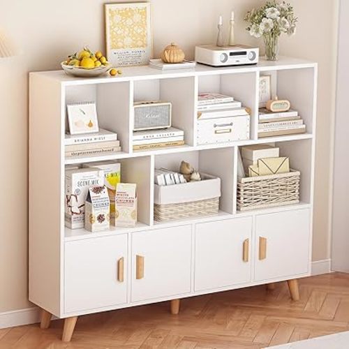 Cubby Shelf Bookcase with Doors - Wooden 11 Cube Floor Standing Open Bookshelf with Solid Wood Legs, 3-Tier Storage Cabinet, Warm White