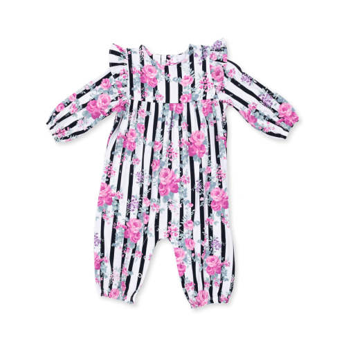 Ruffle Sleeve Romper, Cabbage Rose Stripe