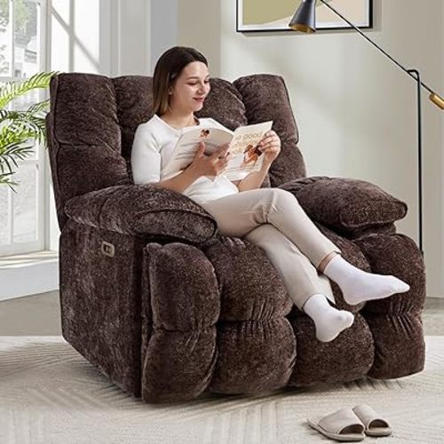 Rocker Recliner Chair 42” Power Swivel Recliner for Living Room Overstuffed Extra Wide Rocking Recliners with Breathable Soft Fabric Up to 400lbs(Power Brown)