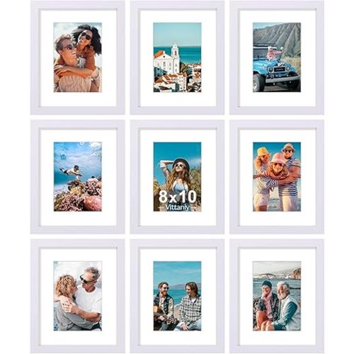 8x10 Picture Frames Set of 9 for Wall or Tabletop Display, White