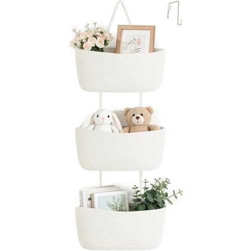 Over The Door Hanging Basket Storage 3-Tier Woven Wall Basket, White