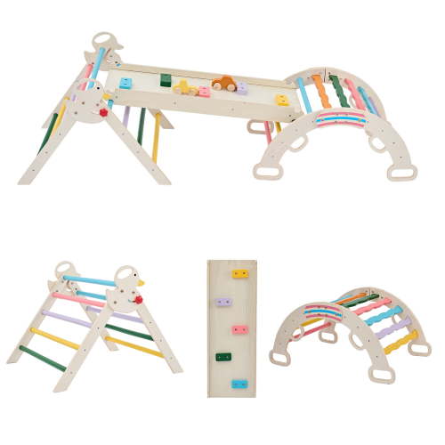 SUMELL 9-in-1 Pikler Triangle Set, Foldable Montessori Toddler Climbing Toy with Arch, Ramp, Ladder, Indoor Jungle Gym, Rainbow