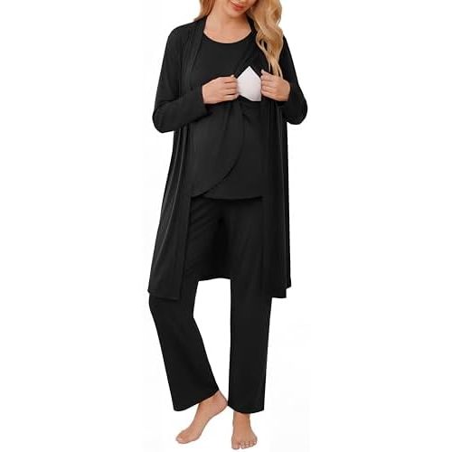 Ekouaer Maternity Nursing Robe Set 3 Pieces Sleeveless Top, Pregnancy Pants & Robe Double Layer Pajamas S-XXL