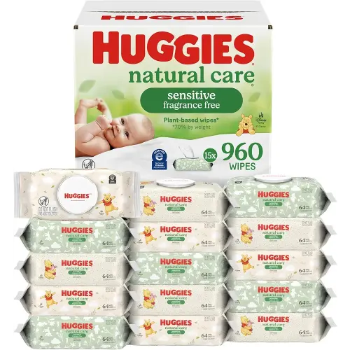 Huggies Natural Care Sensitive Baby Wipes, Unscented, Hypoallergenic, 99% Purified Water, 15 Flip-Top Packs (960 Wipes Total)