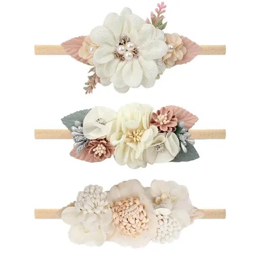 VOBOBE Baby Girl Nylon Headbands Infant Flower Elastic Hair Band Bows Wraps For Newborn Toddler Hair Accessories Pack of 3 (C-Beige)