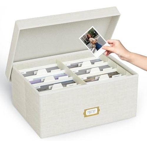 Decorative Photo Storage Box, Linen Photo Box Holds 1700 5x7 Pictures Beige
