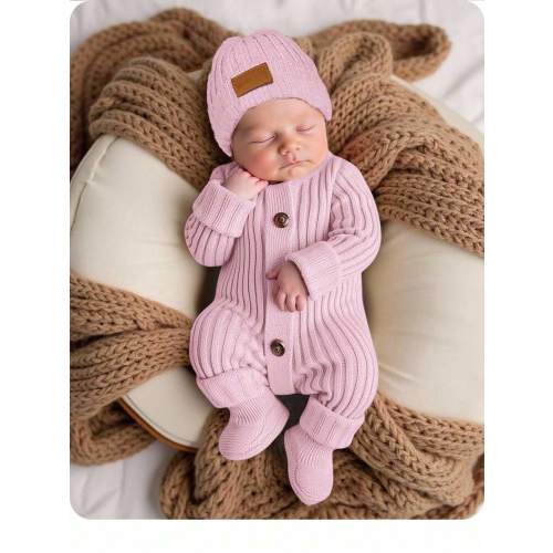 SHEIN Newborn Baby Girl Cute Knitted Jumpsuit With Footies And Hat Set, Versatile For Autumn/Winter Newborn Baby Photoshoot Outfit Newborn Sweater Romper Newborn Going Home Outfit Baby Knit Jumpsuit Newborn Knit Outfit Fall | SHEIN USA